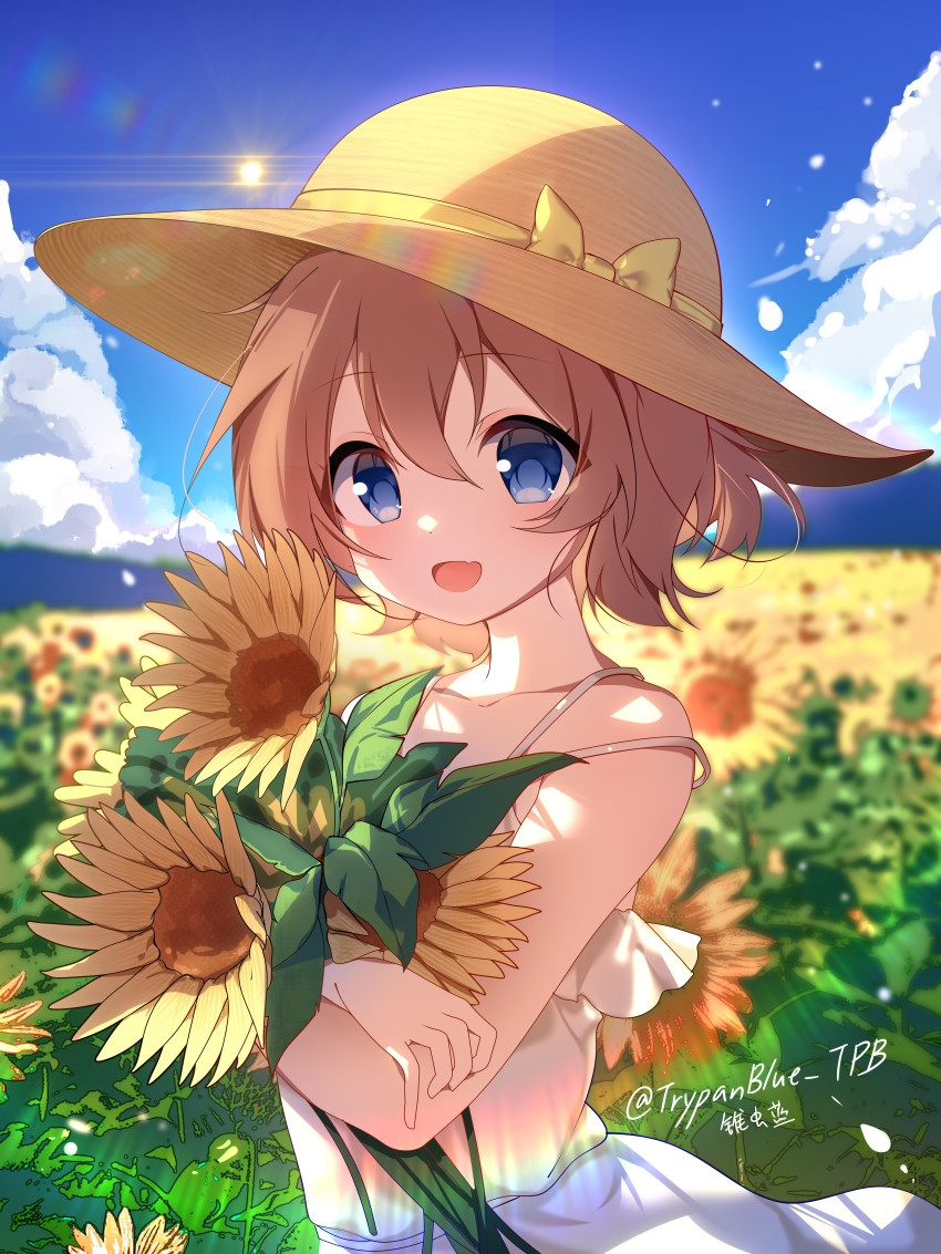 1girl, :d, absurdres, artist_name, blue_eyes, blue_sky, blurry, blurry_background