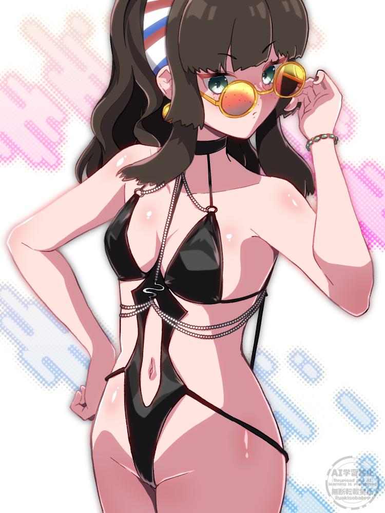 1girl, azur_lane, black_hair, black_one-piece_swimsuit, blunt_bangs, breast_strap, breasts, clothing_cutout, commentary_request, cosplay, cowboy_shot, green_eyes, hairband, kantai_collection, kuroyaki_soba, leather_bikini, long_hair, medium_breasts, mogador_(azur_lane), mogador_(azur_lane)_(cosplay), mogador_(kancolle), mogador_(locker_room_lechery)_(azur_lane), multicolored_hairband, name_connection, navel, navel_cutout, one-piece_swimsuit, orange-tinted_eyewear, revealing_clothes, solo, sunglasses, swimsuit, tinted_eyewear