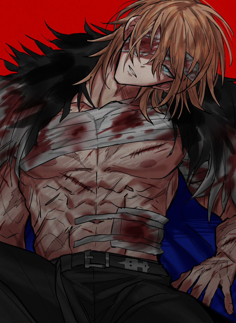 1boy, abs, bandaged_head, bandages, belt, belt_buckle, black_belt, black_fur