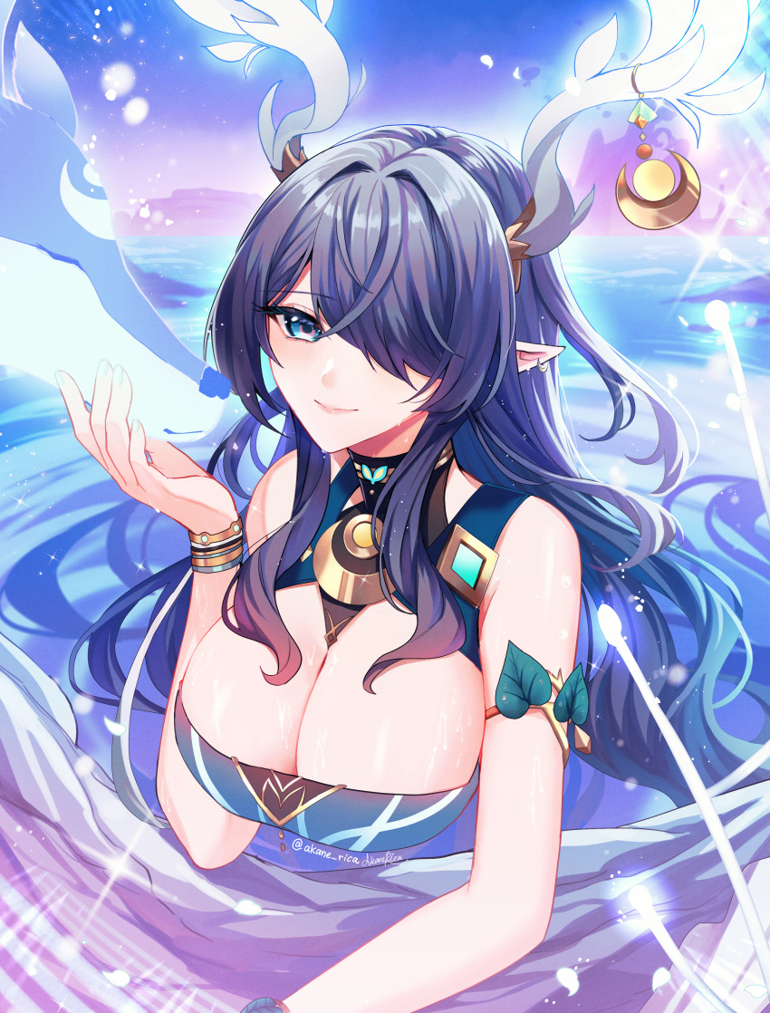 1girl, absurdres, annerica, antler_ornament, antlers, bare_shoulders, blue_eyes, blue_hair