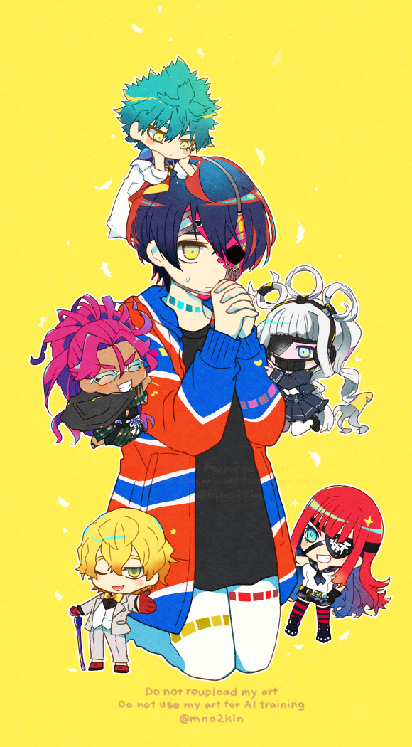 3boys, 3girls, ^_^, black_hair, black_jacket, black_shirt, black_shorts, black_skirt