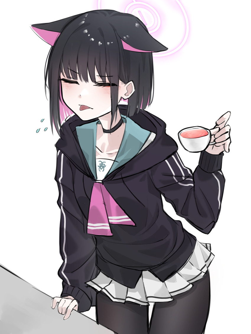 1girl, absurdres, animal_ears, black_choker, black_hoodie, black_pantyhose, blue_archive, blunt_bangs