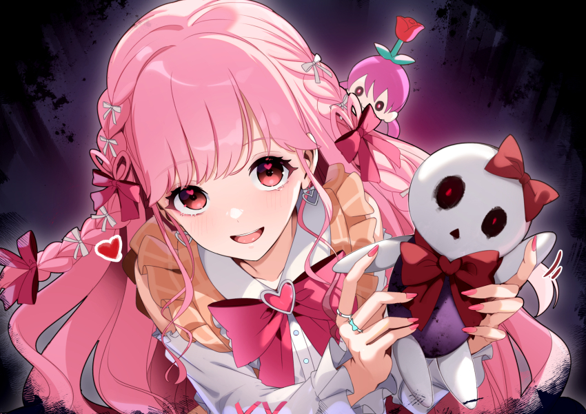 1girl, :d, aikatsu!_(series), aikatsu_academy!, bow, braid, brooch, commentary_request