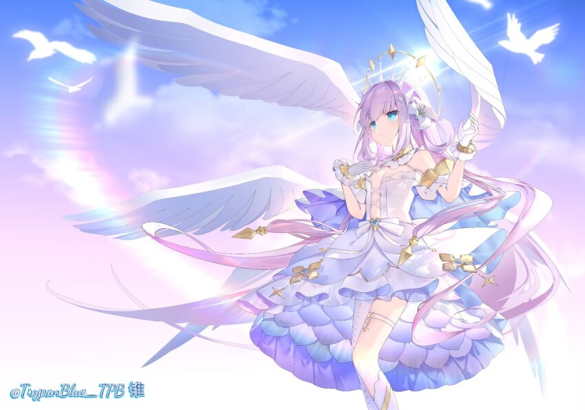 1girl, angel_wings, bare_shoulders, bird, blue_eyes, blue_sky, breasts, closed_mouth