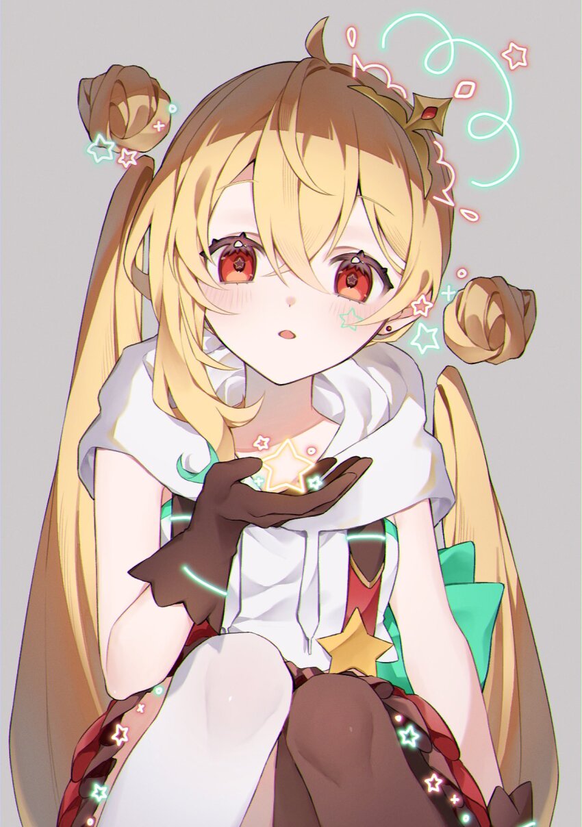 1girl, black_thighhighs, blonde_hair, blush, brown_gloves, commentary, naturally_detached_hair, double_bun