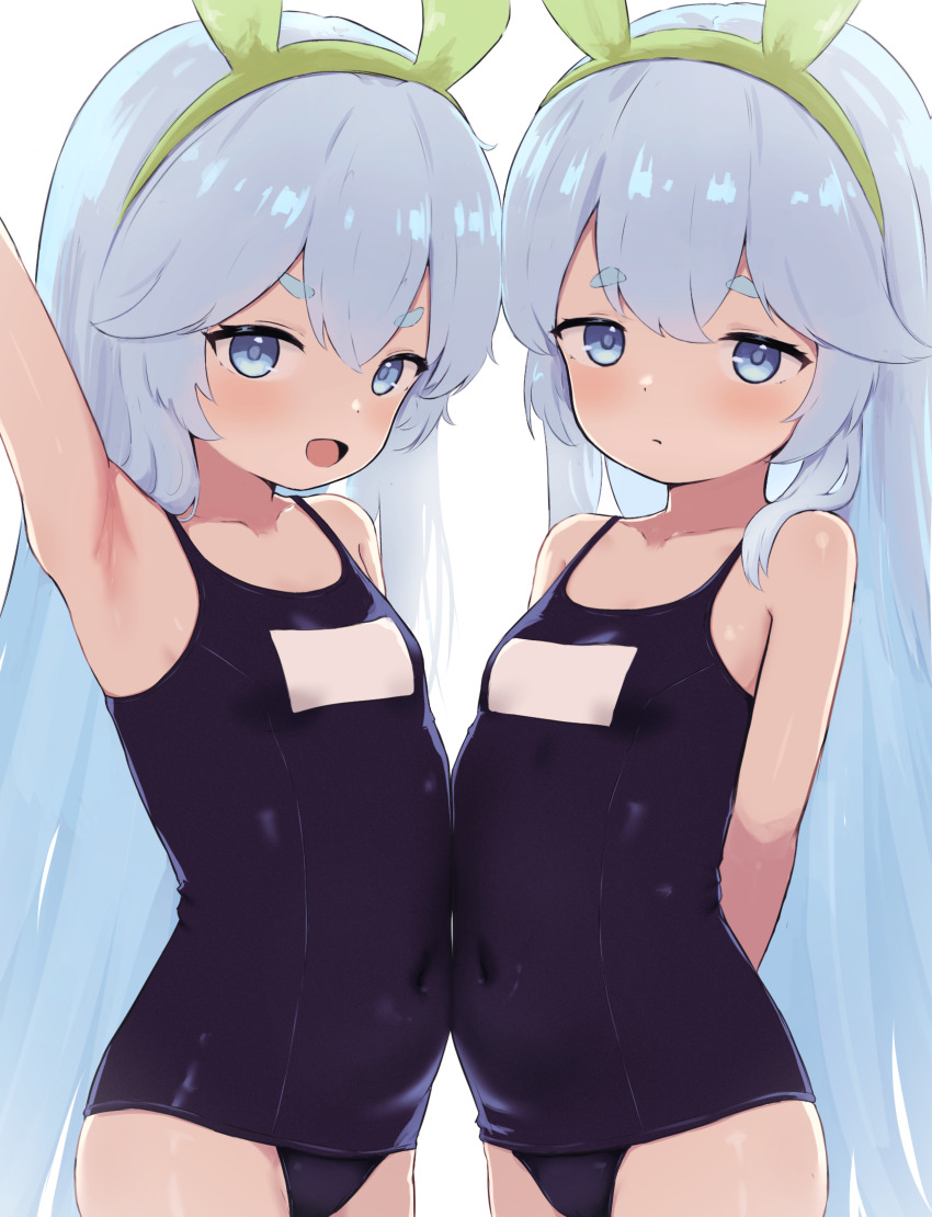 0rg, 2girls, absurdres, animal_ears, bare_shoulders, bemani, blue_eyes, blush, breasts, closed_mouth, commission, covered_navel, green_hairband, hair_between_eyes, hairband, highres, huge_filesize, loli, long_hair, multiple_girls, near_(sound_voltex), noah_(sound_voltex), old_school_swimsuit, one-piece_swimsuit, open_mouth, rabbit_ears, school_swimsuit, skeb_commission, small_breasts, sound_voltex, swimsuit, very_long_hair