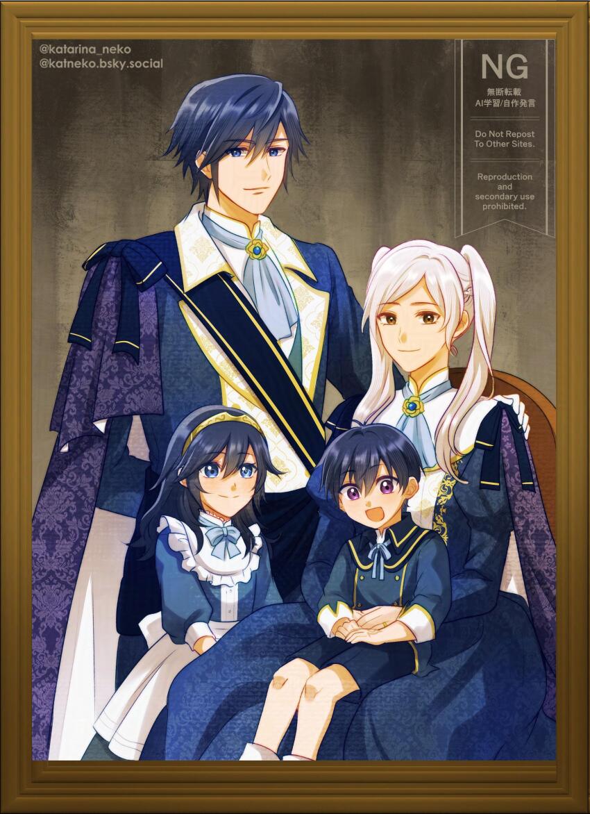 2boys, 2girls, :d, absurdres, aged_down, arms_behind_back, artist_name, ascot