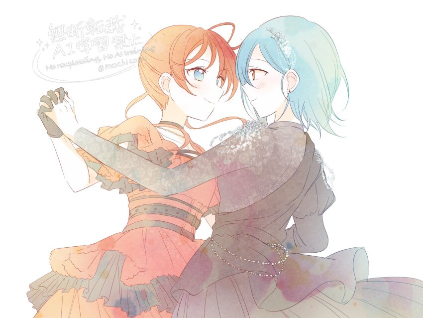 2girls, akane_gokoro, black_choker, black_gloves, blue_eyes, blue_hair, choker, closed_mouth