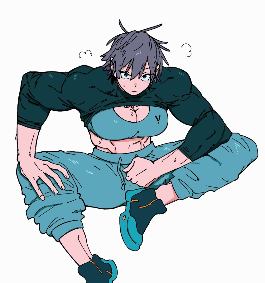 1girl, abs, biceps, bra, breasts, broad_shoulders, brown_hair, cleavage, clothes_lift, deltoids, grey_eyes, grey_pants, highres, invisible_chair, kirima_(peke07777), large_breasts, long_sleeves, looking_at_viewer, muscular, muscular_arms, muscular_female, obliques, original, pants, peke07777, shirt_lift, short_hair, sitting, skin_tight, solo, sports_bra, spread_legs, steaming_body, stomach, sweat, sweatdrop, sweatpants, tight_clothes, tomboy, underwear