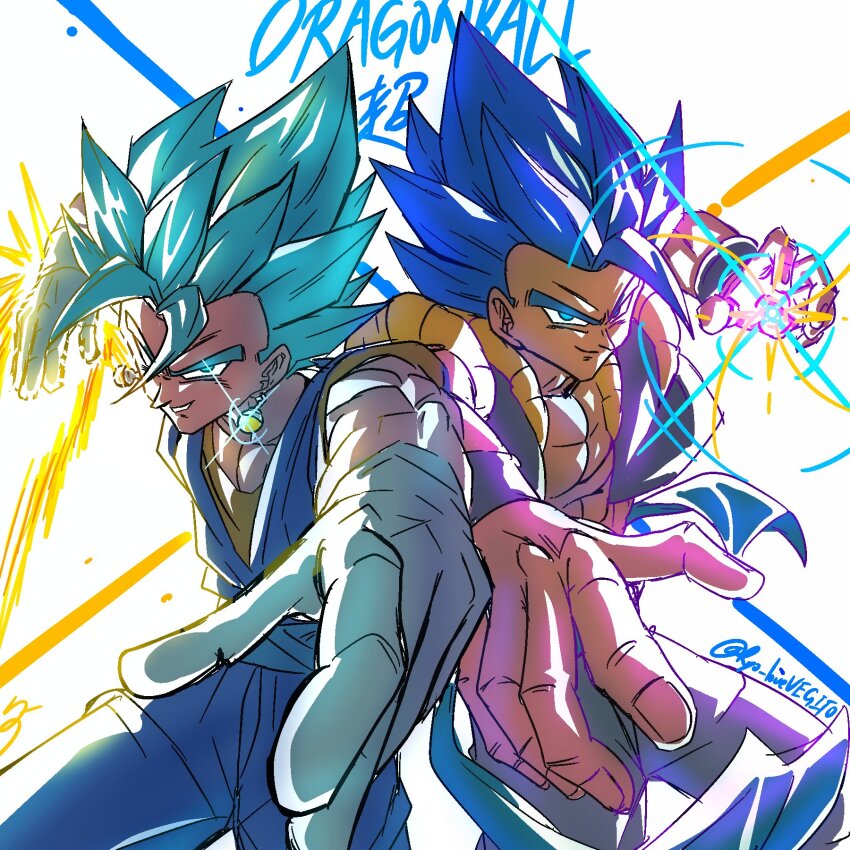 2boys, arm_blade, aura, black_vest, blue_eyes, blue_hair, blue_pants, blue_shirt, dougi, dragon_ball, dragon_ball_super, dragon_ball_super_broly, energy_sword, gogeta, highres, male_focus, medium_hair, metamoran_vest, multiple_boys, muscular, muscular_male, orange_shirt, pants, ryo_lovevegito, shirt, spiked_hair, super_saiyan, super_saiyan_blue, sword, vegetto, vest, weapon