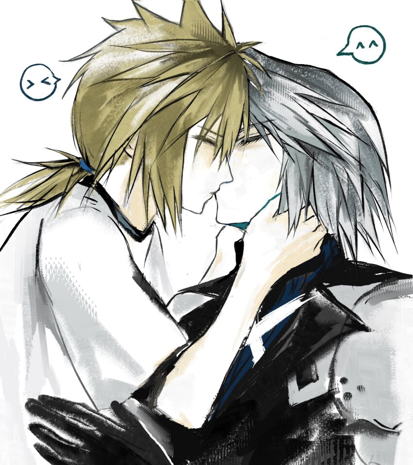 2boys, 3_3lecho, absurdres, armor, black_coat, blonde_hair, blue_sweater, child, closed_eyes, cloud_strife, coat, commentary, final_fantasy, final_fantasy_vii, final_fantasy_vii:_ever_crisis, from_side, grey_hair, hand_on_another's_waist, hands_on_another's_face, hands_up, hashtag-only_commentary, highres, kiss, long_hair, low_ponytail, male_focus, multiple_boys, pauldrons, ponytail, sephiroth, sephiroth_(ever_crisis), shirt, short_hair, shoulder_armor, simple_background, speech_bubble, spiked_hair, sweater, t-shirt, turtleneck, turtleneck_sweater, upper_body, white_background, white_shirt, yaoi