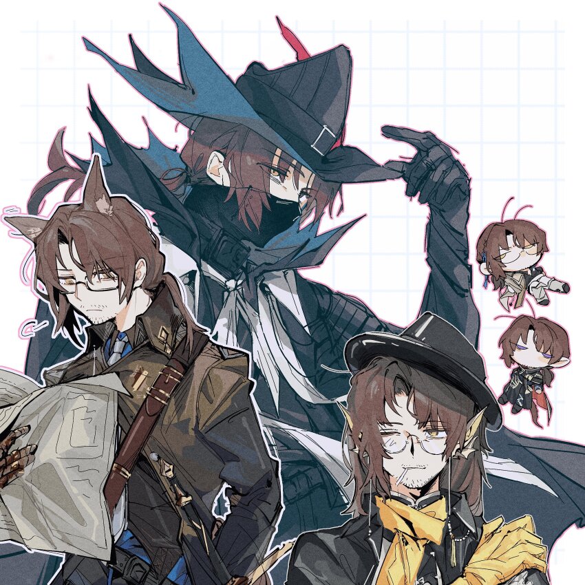 5boys, absurdres, animal_ears, antenna_hair, arknights, beard_stubble, belt, black-framed_eyewear