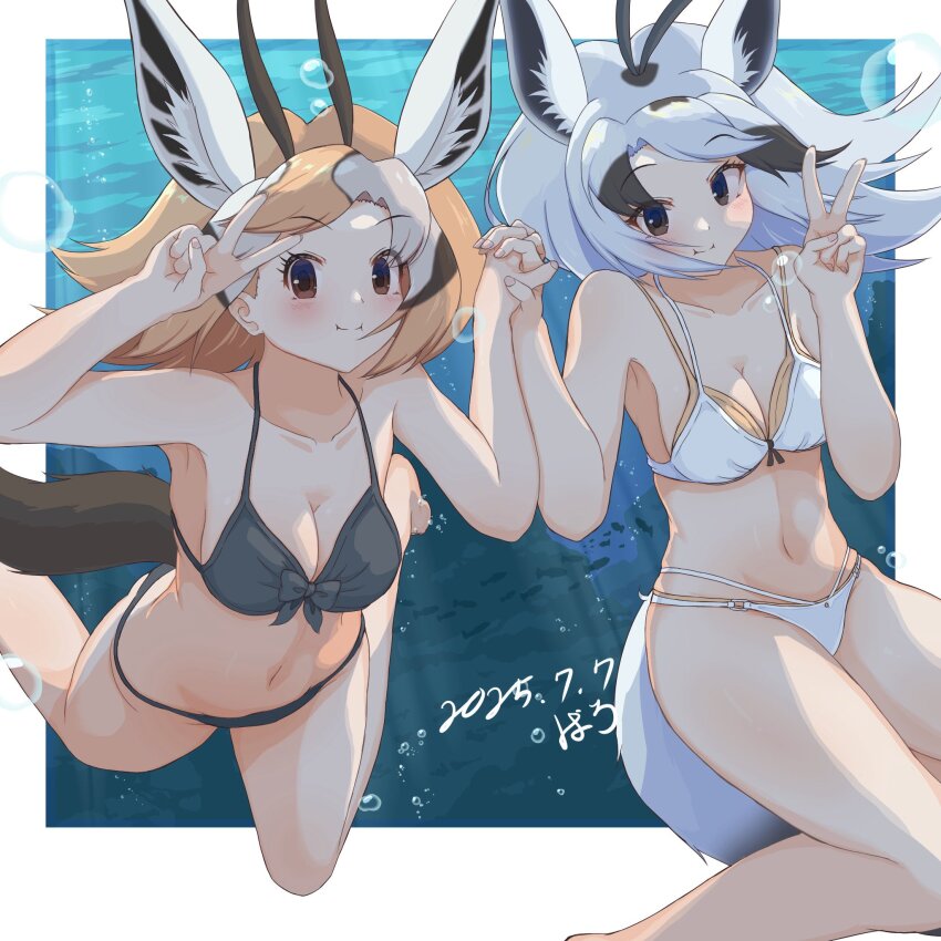 2girls, alternate_costume, animal_ears, arabian_oryx_(kemono_friends), bare_arms, bare_legs, bare_shoulders, baroy_baroro, bikini, black_bikini, blush, brown_eyes, brown_hair, gazelle_ears, gazelle_horns, gazelle_tail, hair_between_eyes, highres, holding_hands, kemono_friends, looking_at_viewer, midriff, multicolored_hair, multiple_girls, navel, short_hair, sidelocks, smile, spaghetti_strap, swimming, swimsuit, thomson's_gazelle_(kemono_friends), two-tone_hair, underwater, v, white_bikini, white_hair