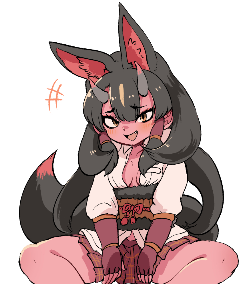 animal_ears, bare_legs, belt, black_fur, black_hair, blonde_hair, blush, bracelet