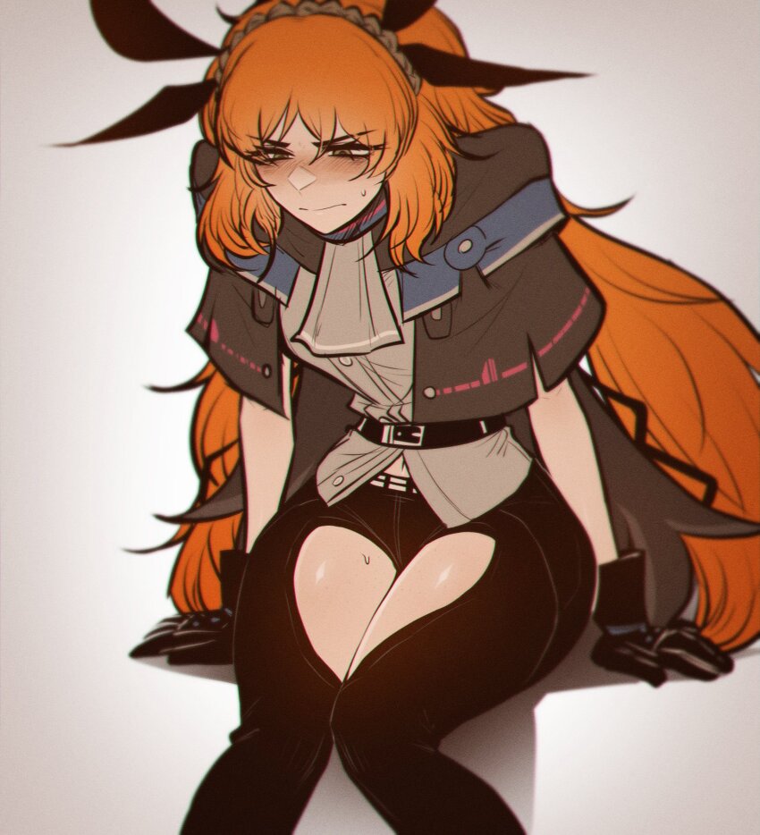 1girl, arm_support, ascot, belt, black_belt, black_capelet, black_gloves, black_pants