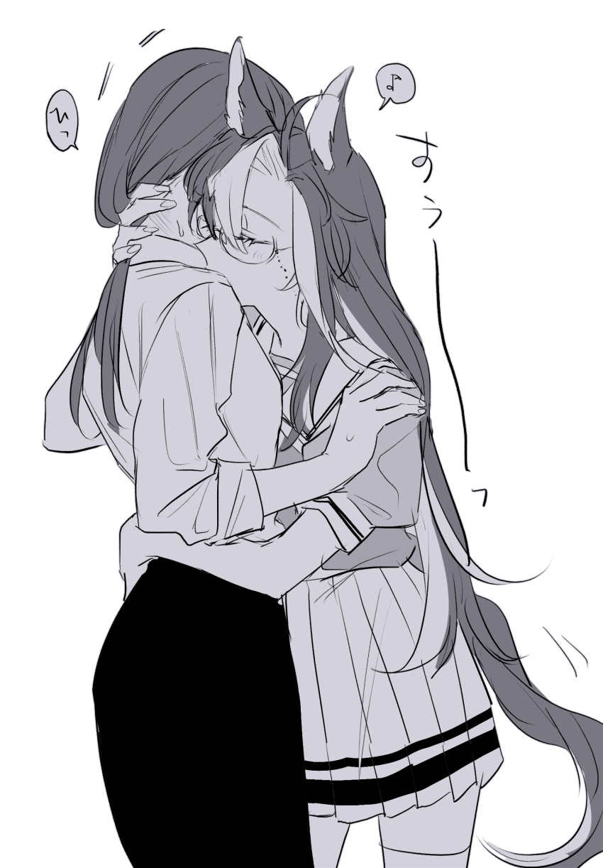 2girls, animal_ears, closed_eyes, commentary_request, cowboy_shot, dream_journey_(umamusume), female_trainer_(umamusume), glasses