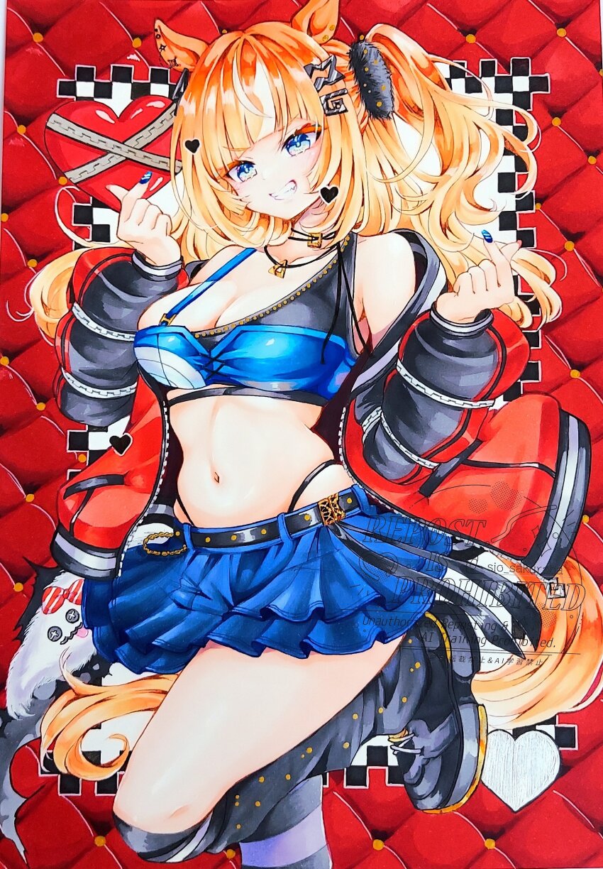 1girl, absurdres, animal_ears, belt, black_boots, black_sports_bra, blue_eyes, blue_skirt