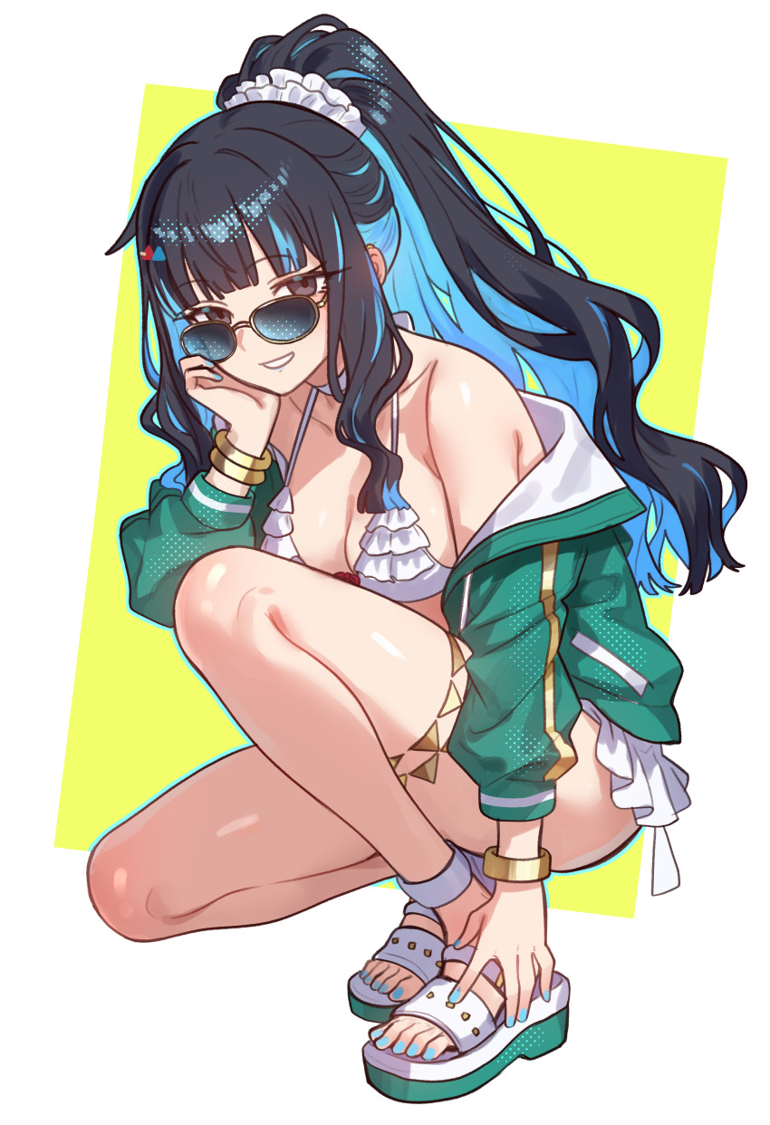 1girl, absurdres, bikini, black_hair, blue-tinted_eyewear, blue_hair, blue_nails, breasts