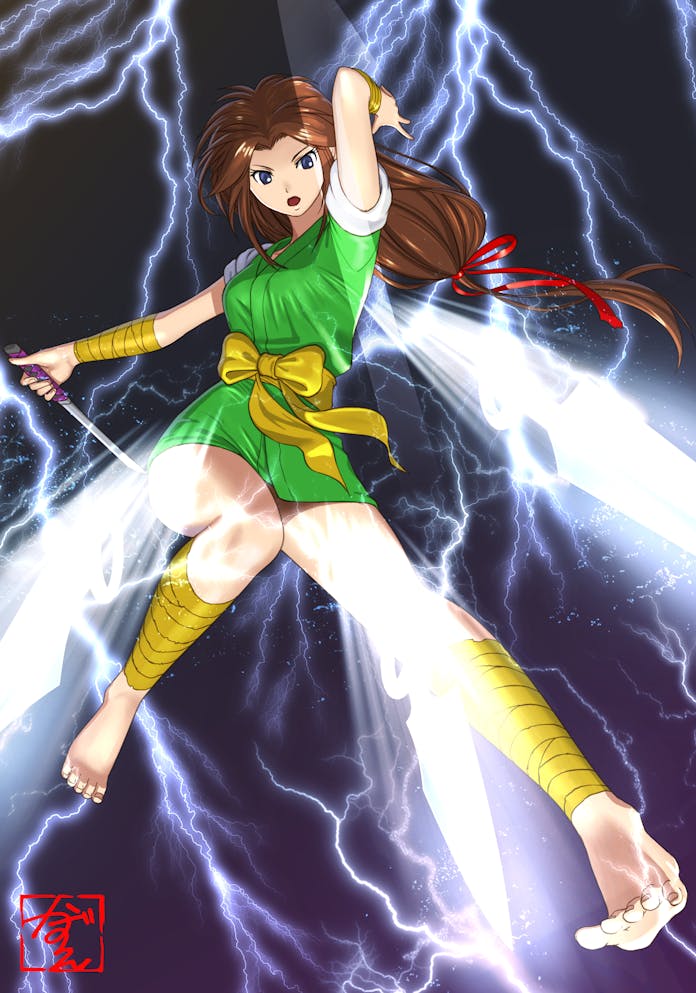 1girl, barefoot, brown_hair, character_request, commentary, commission, english_commentary, full_body