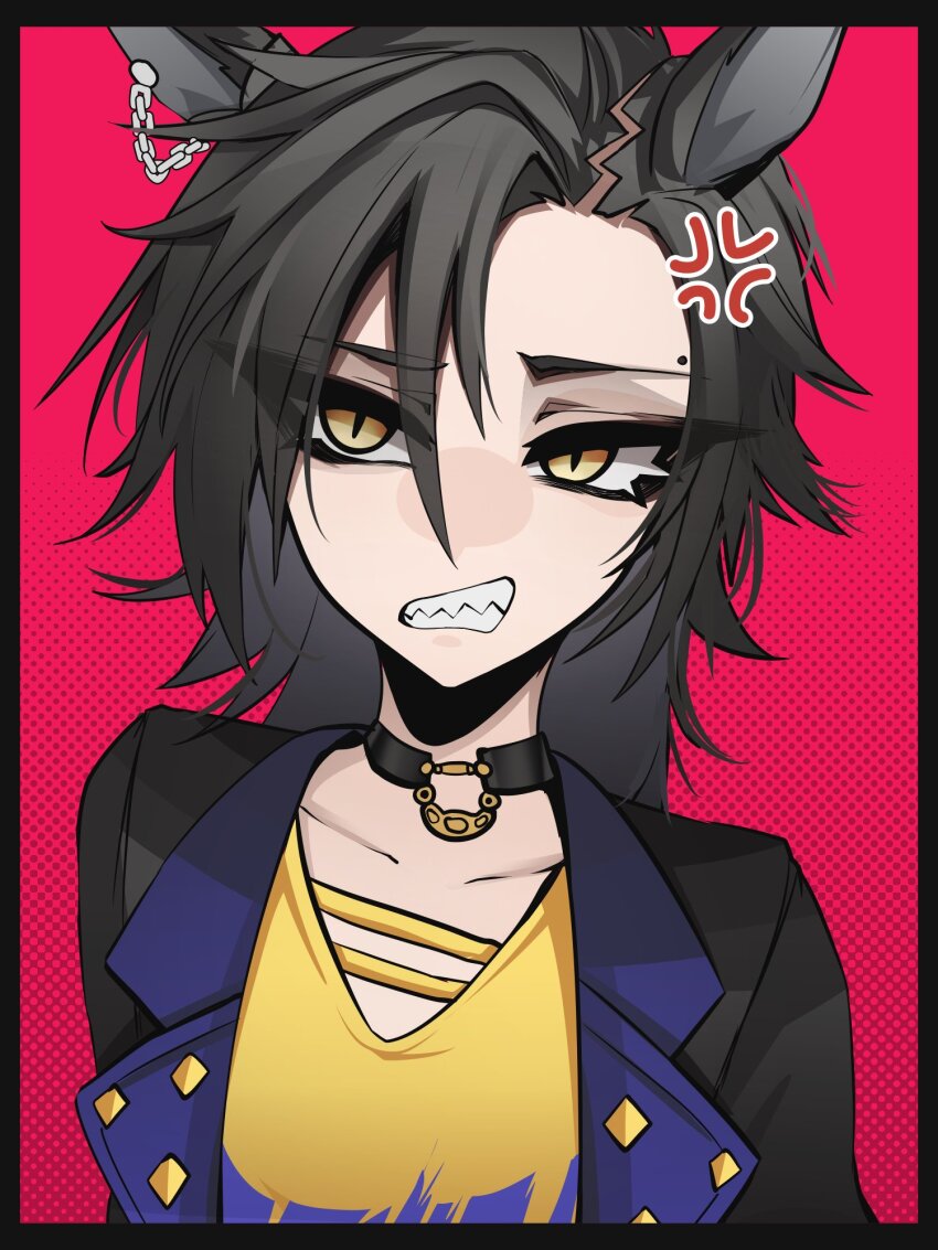 1girl, air_shakur_(umamusume), air_shakur_(unsigned)_(umamusume), anger_vein, animal_ears, asymmetrical_bangs, black_border, black_choker