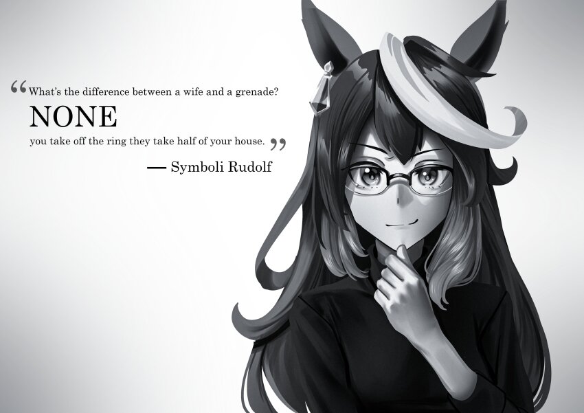 1girl, absurdres, animal_ears, character_name, closed_mouth, commentary, cosplay, english_commentary, english_text, glasses, greyscale, hand_on_own_chin, hand_up, highres, horse_ears, horse_girl, long_hair, looking_at_viewer, manjo_(warito), monochrome, multicolored_hair, over-rim_eyewear, portrait, real_life, semi-rimless_eyewear, smile, solo, steve_jobs, steve_jobs_(cosplay), stroking_own_chin, sweater, symboli_rudolf_(umamusume), turtleneck, turtleneck_sweater, umamusume, white_background