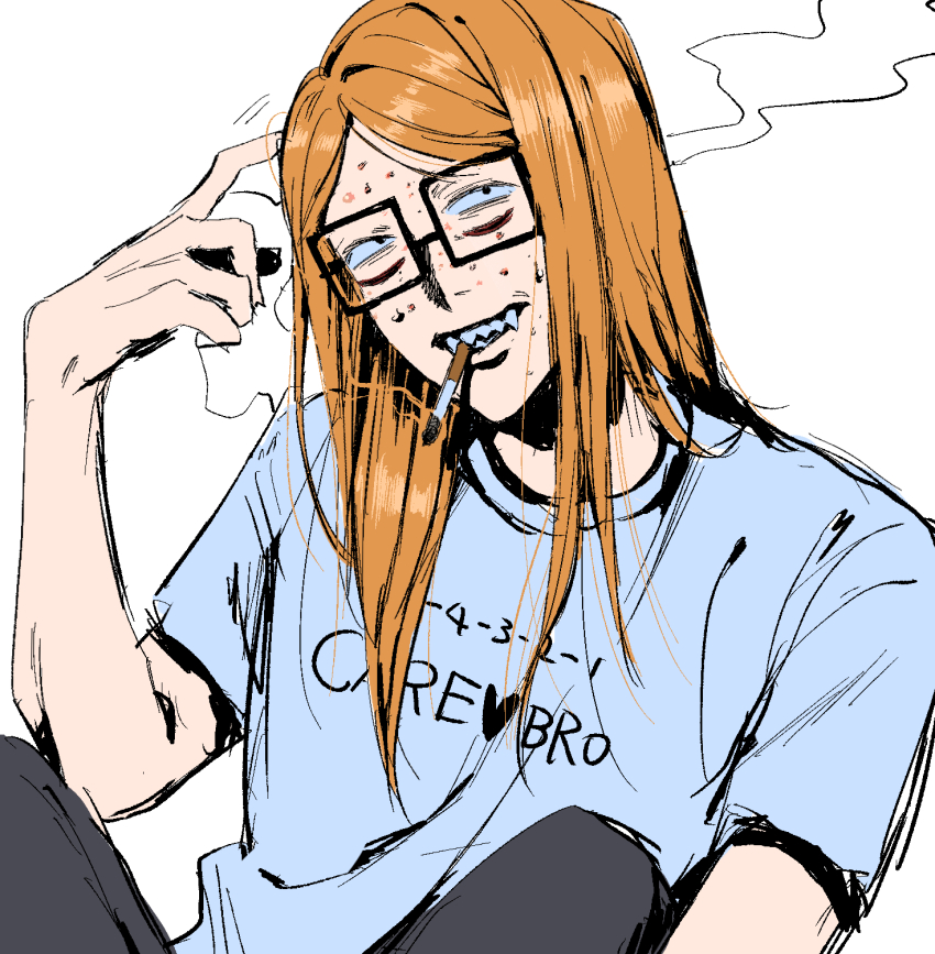 1boy, aged_up, blue_shirt, cigarette, commentary_request, extra_eyes, glasses, highres