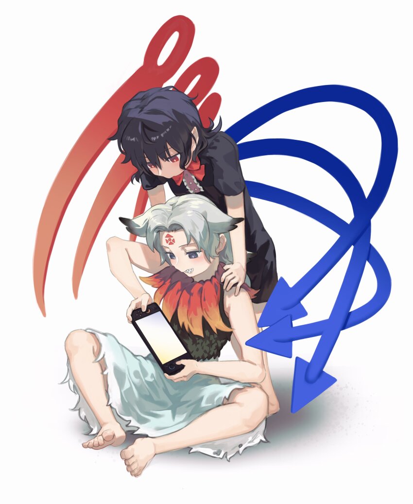 2girls, absurdres, asymmetrical_wings, barefoot, berabou, black_dress, black_hair, blue_eyes