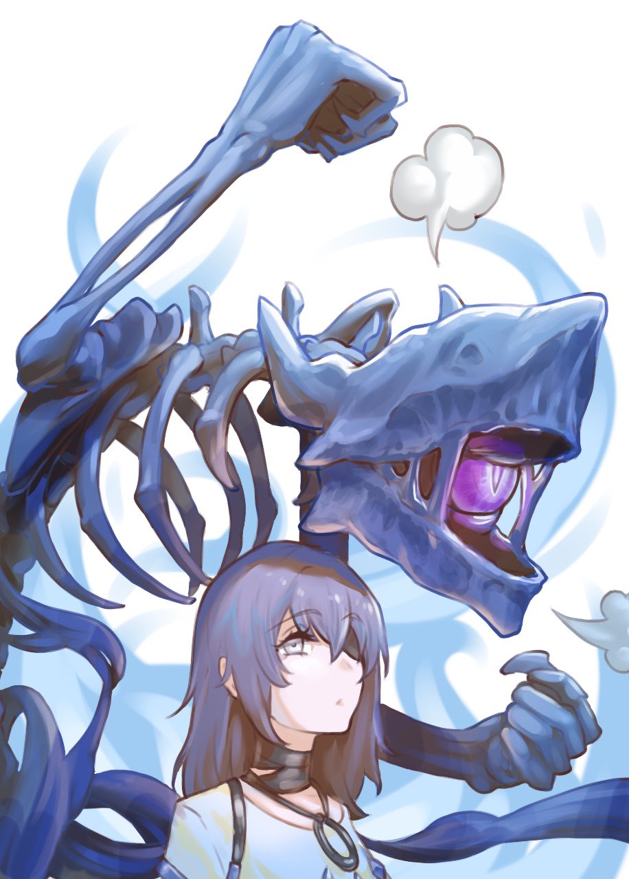 1girl, 1other, :o, angry, bandaged_neck, bandages, black_bandages, blindfold