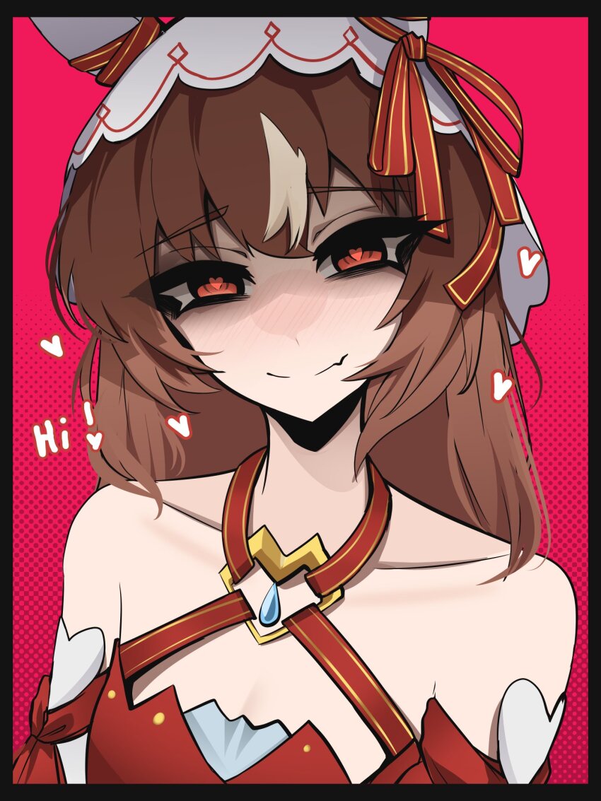 1girl, animal_ears, bare_shoulders, black_border, border, breasts, brown_hair, choppy_bangs