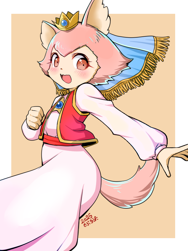 1girl, arabian_dream_scheherazade, blush, body_fur, border, cat_girl, commentary_request, coronya, crown, dress, furry, furry_female, gem, long_sleeves, open_mouth, outside_border, pink_dress, pink_eyes, pink_fur, saburouta_(hox-666), white_border