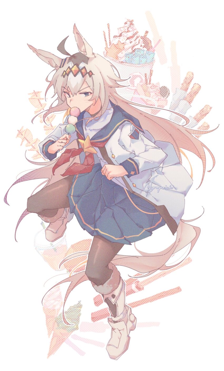1girl, ahoge, animal_ears, black_pantyhose, blue_eyes, blue_sailor_collar, blue_skirt, boots, brooch, churro, cup, disposable_cup, drink, ear_ornament, eating, food, glutton, grapeichi, grey_hair, grey_tail, hair_between_eyes, hair_ornament, hairband, highres, holding, holding_food, horse_ears, horse_girl, horse_tail, ice_cream, ice_cream_cone, jacket, jewelry, long_hair, long_sleeves, looking_at_viewer, multicolored_hair, neckerchief, oguri_cap_(starlight_beat)_(umamusume), oguri_cap_(umamusume), open_clothes, open_jacket, pantyhose, pleated_skirt, red_neckerchief, sailor_collar, shirt, skirt, solo, star_brooch, tail, umamusume, umamusume:_cinderella_gray, white_jacket, white_shirt