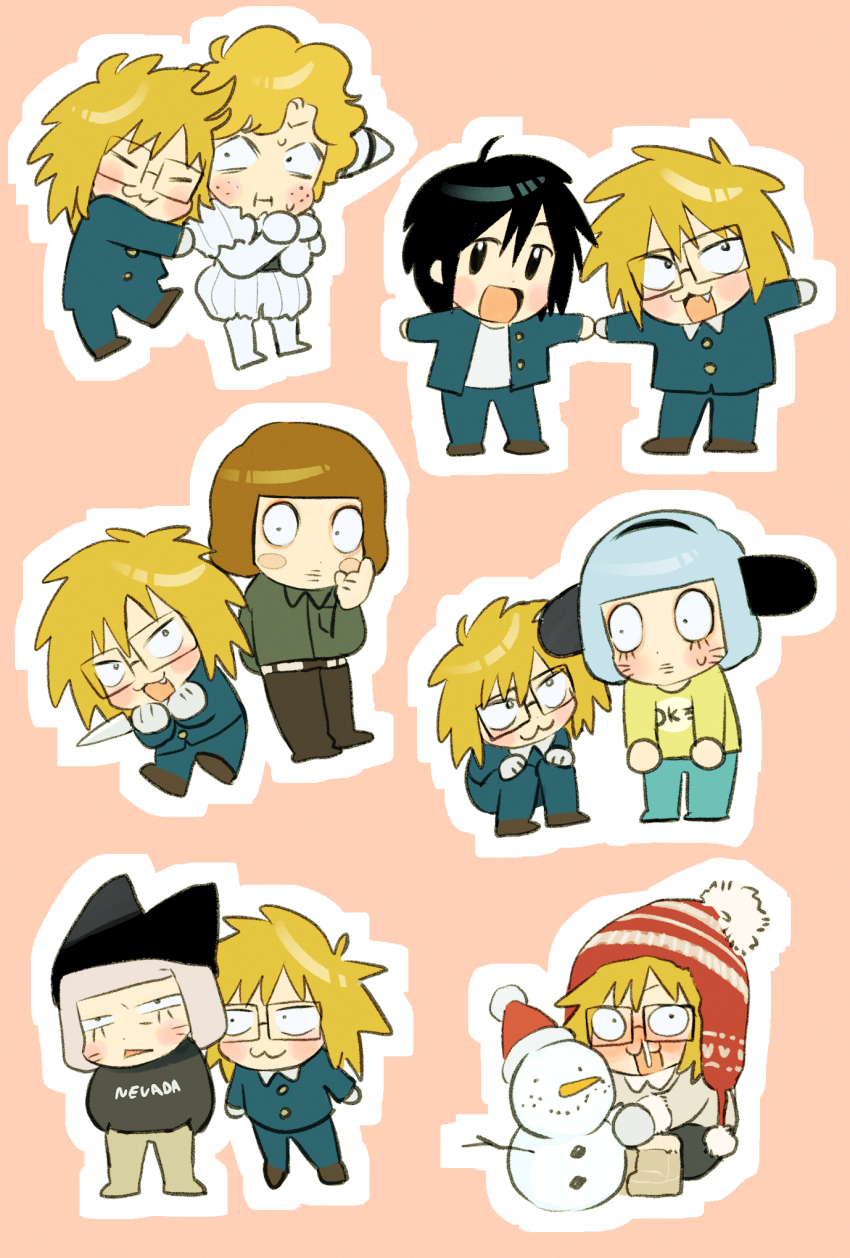 6+boys, animal_ears, animal_hat, beanie, blue_hair, brown_hair, cat_hat, chibi