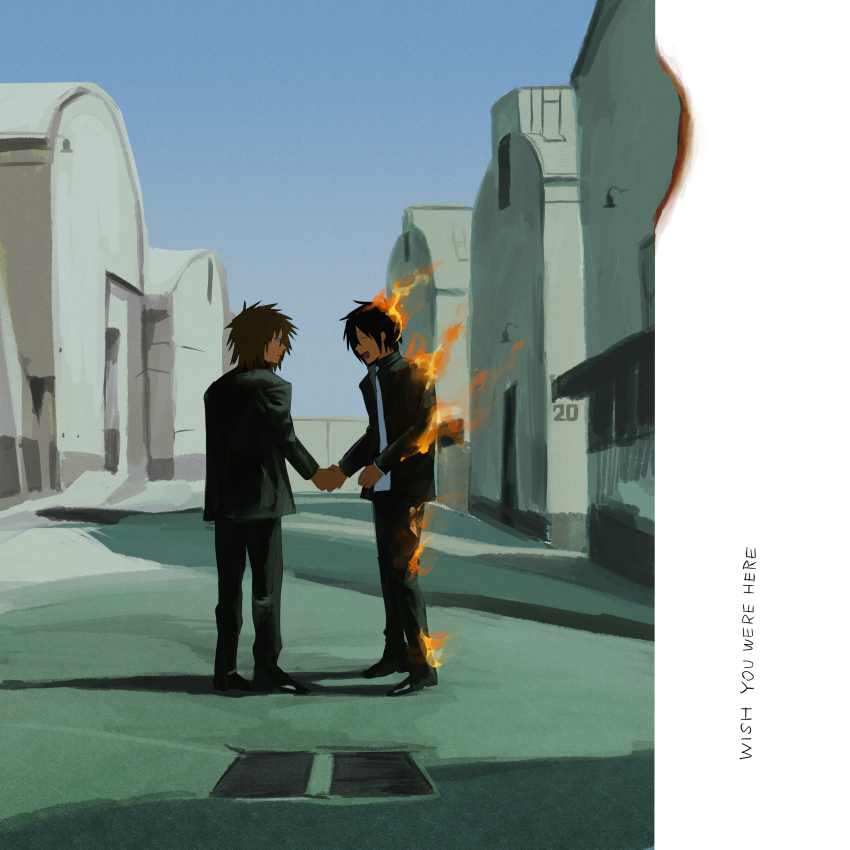 2boys, absurdres, black_hair, brown_hair, building, burning, commentary_request, derivative_work, english_text, fire, gakuran, handshake, highres, holding_hands, jacket, kohakohakohata, male_focus, multiple_boys, open_clothes, open_jacket, outdoors, pink_floyd, randal's_friends, randal_ivory, school_uniform, short_hair, standing, tsukada_satoru, wish_you_were_here