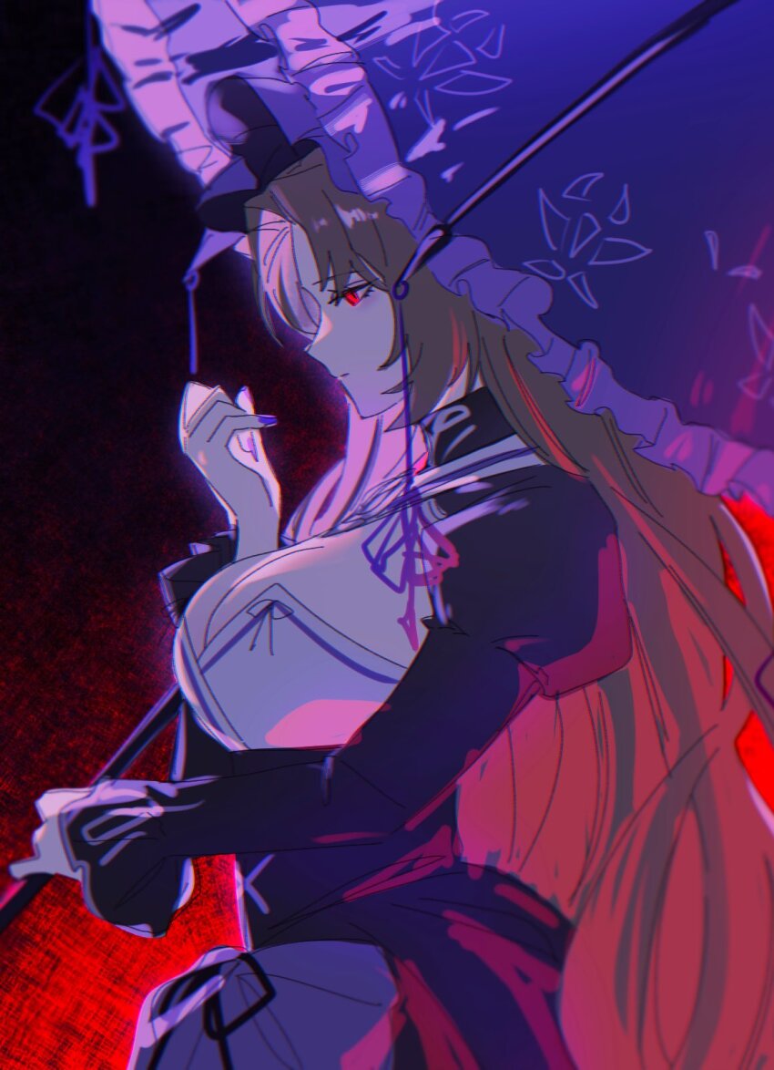 1girl, black_corset, black_dress, bonnet, breasts, brown_hair, cleavage, corset