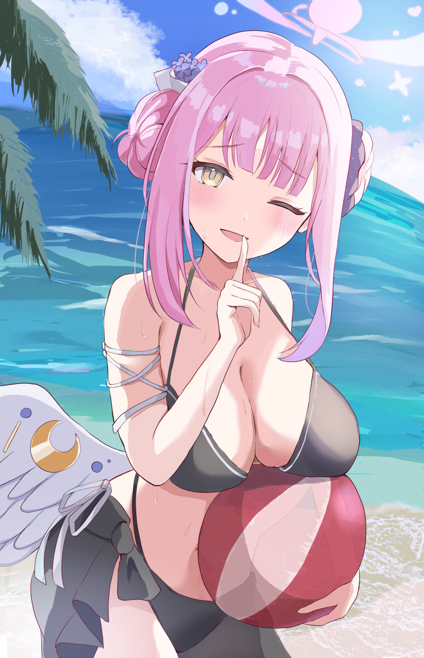 1girl, absurdres, alternate_costume, ball, bare_arms, bare_shoulders, beach, bikini