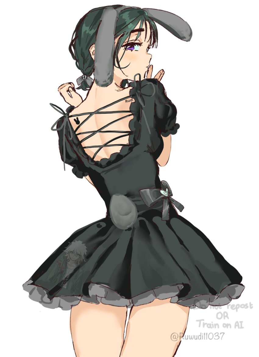 1girl, alien_stage, animal_ears, artist_name, back_tattoo, black_dress, bow, commentary, danganronpa_(series), dress, dress_bow, english_commentary, fake_animal_ears, from_behind, highres, komaeda_nagito, looking_at_viewer, looking_back, purple_eyes, rabbit_ears, rabbit_tail, rabbit_tattoo, rudi_(ruwudi11037), short_dress, short_hair, short_sleeves, short_twintails, solo, sua_(alien_stage), tail, tattoo, twintails, twitter_username, watermark