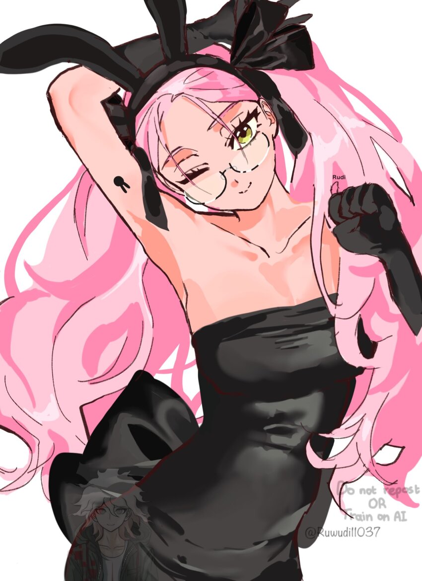 1girl, alien_stage, animal_ears, arm_tattoo, arm_up, artist_name, back_bow, black_bow