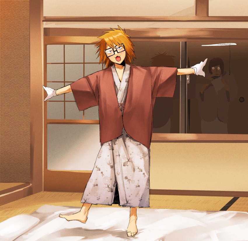 2boys, :3, animal_print, brothers, commentary_request, fang, fish_print, full_body, futon, glasses, gloves, haori, highres, indoors, japanese_clothes, kimono, kohakohakohata, luther_von_ivory, male_focus, multiple_boys, orange_hair, outstretched_arms, randal's_friends, randal_ivory, short_hair, siblings, solo_focus, spread_arms, standing, standing_on_one_leg, white_gloves