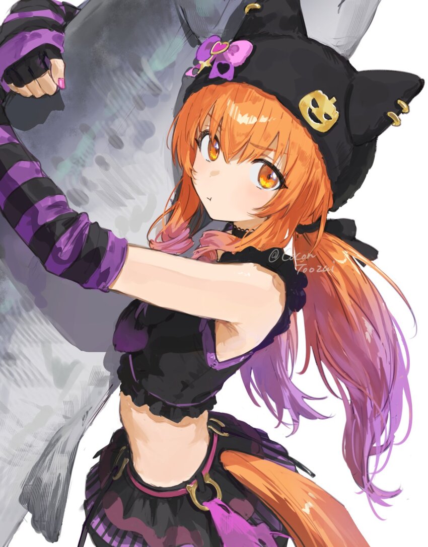 1girl, animal, animal_ears, arm_warmers, black_hat, black_shirt, black_skirt, blush