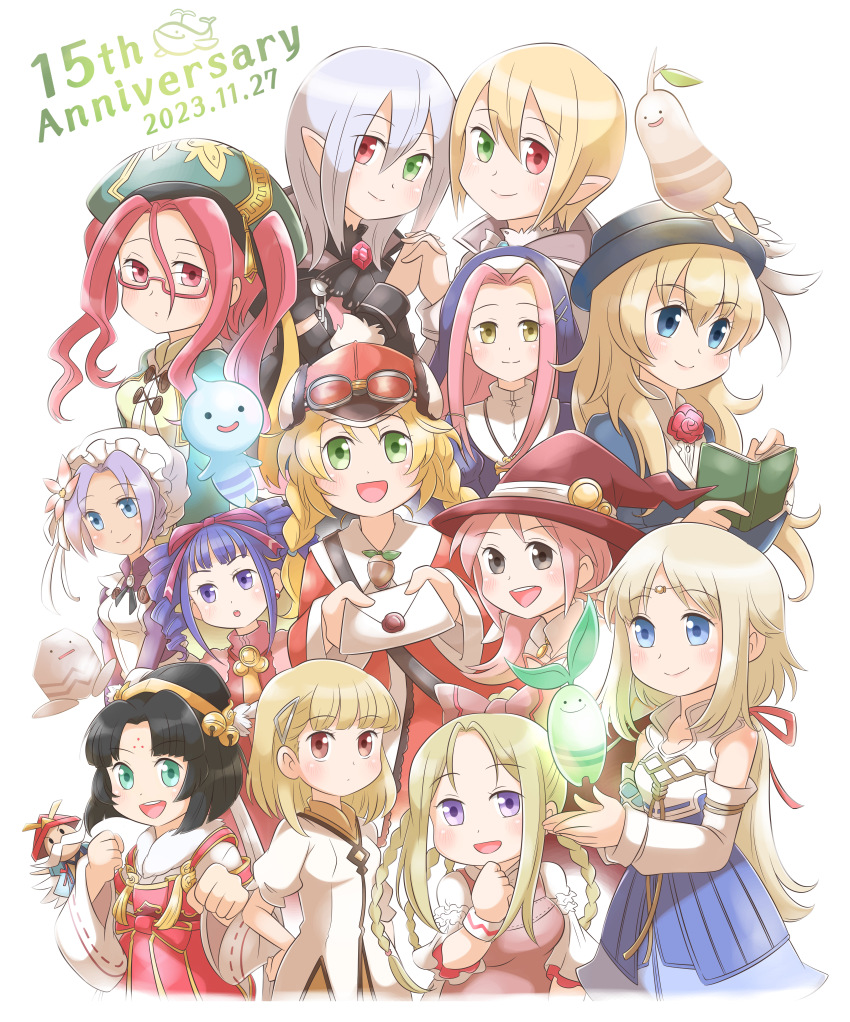 6+girls, :d, absurdres, anette_(rune_factory), anniversary, aogaeru_(pixiv46613656), bell, black_hair, blonde_hair, blue_dress, blue_eyes, blue_hair, book, bow, braid, brown_eyes, character_request, closed_mouth, creature, dated, dress, drill_hair, drop_(rune_factory), everyone, green_eyes, group_picture, hair_bow, hair_ornament, hairclip, hat, heterochromia, highres, low_ponytail, maid, mist_(rune_factory), multiple_girls, nun, off_shoulder, open_mouth, pink_hair, pointy_ears, ponytail, purple_eyes, red_eyes, red_hair, rune_factory, rune_factory_frontier, runey, selphy, smile, split_mouth, straight_hair, twin_drills, twintails, white_hair, witch, witch_hat, yellow_eyes