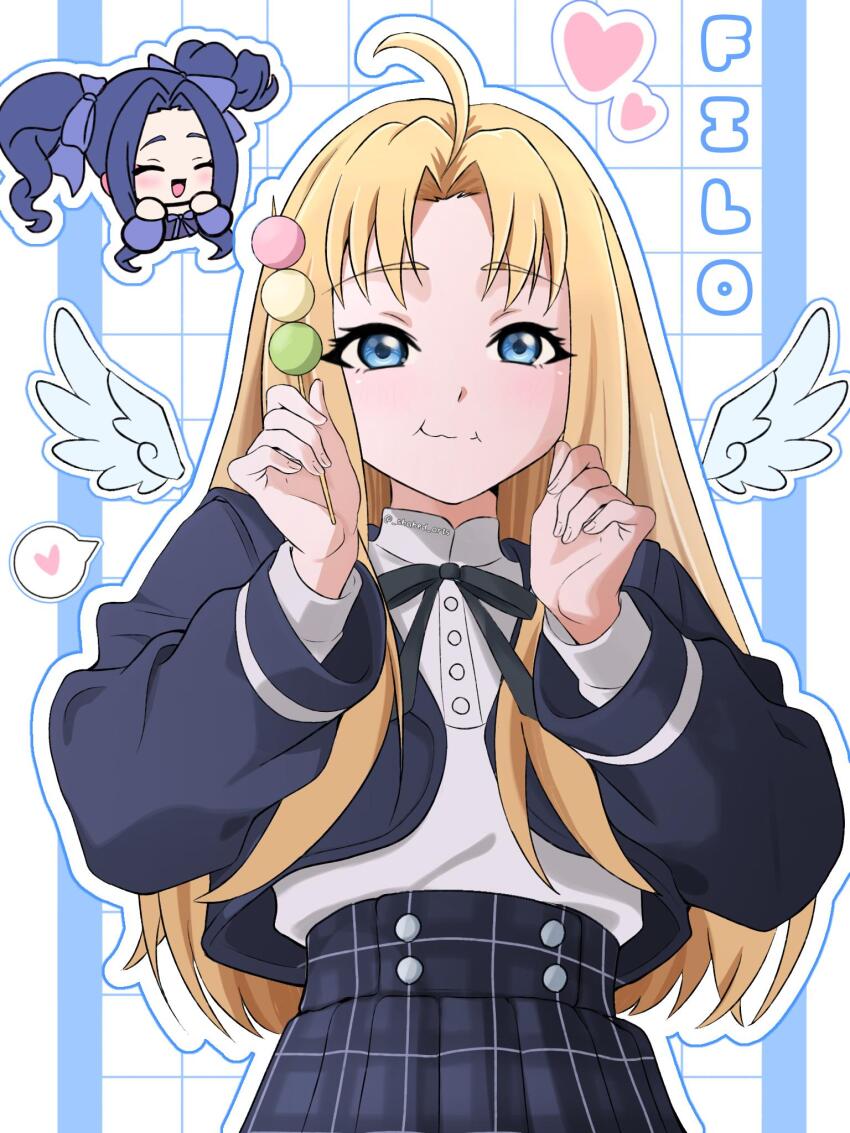 1girl, :d, ^_^, abstract_background, ahoge, alternate_costume, black_jacket, black_ribbon, black_skirt, blonde_hair, blue_background, blue_dress, blue_eyes, blue_hair, blue_ribbon, blush, closed_eyes, closed_mouth, commentary, cowboy_shot, dango, dress, eating, english_commentary, eyelashes, feathered_wings, filo_(tate_no_yuusha_no_nariagari), flat_chest, food, forehead, gushing, hair_intakes, hair_ribbon, hands_up, heart, highres, holding, holding_food, jacket, long_hair, long_sleeves, looking_at_viewer, melty_q_melromarc, neck_ribbon, open_clothes, open_jacket, open_mouth, outline, pleated_skirt, portrait, ribbon, shahed_arts, shirt, skirt, skirt_set, smile, solo, speech_bubble, spoken_heart, straight_hair, tate_no_yuusha_no_nariagari, turtleneck, turtleneck_shirt, two-tone_background, wagashi, wavy_hair, white_background, white_outline, white_shirt, wings
