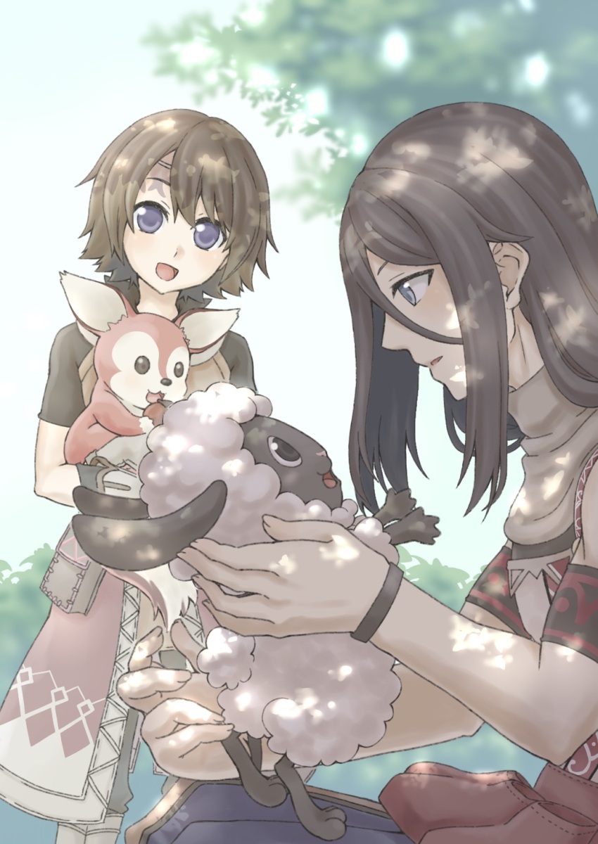 2boys, :d, androgynous, black_eyes, black_hair, blue_eyes, bracelet, brown_hair, chipsqueek, creature, highres, holding, holding_creature, jewelry, kross_(rune_factory), multiple_boys, open_mouth, pale_skin, raguna, rune_factory, rune_factory_frontier, short_hair, short_sleeves, smile, squirrel, touka_1921, tree, mokomoko_(rune_factory)