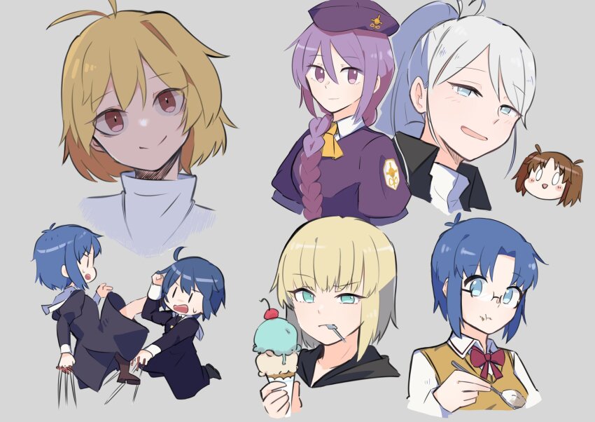1boy, 6+girls, ahoge, arcueid_brunestud, atlas_academy_uniform, beret, black_keys_(type-moon), blonde_hair, blush, braid, braided_ponytail, brown_hair, chibi, chibi_inset, ciel_(tsukihime), dual_persona, fighting, floating_clothes, floating_hair, food, glasses, green_eyes, grey_eyes, grey_hair, hat, highres, holding, holding_weapon, ice_cream, kouta_(kesigomutopen), looking_at_viewer, mario_gallo_bestino, melty_blood, multiple_girls, nun, purple_eyes, purple_hair, red_eyes, riesbyfe_stridberg, short_hair, sion_eltnam_(type-moon), sion_eltnam_atlasia, smile, spoon, sweat, sweater, tsukihime, tsukihime_(remake), tunic, turtleneck, turtleneck_sweater, twintails, utensil_in_mouth, vest, weapon, yellow_vest, yumizuka_satsuki