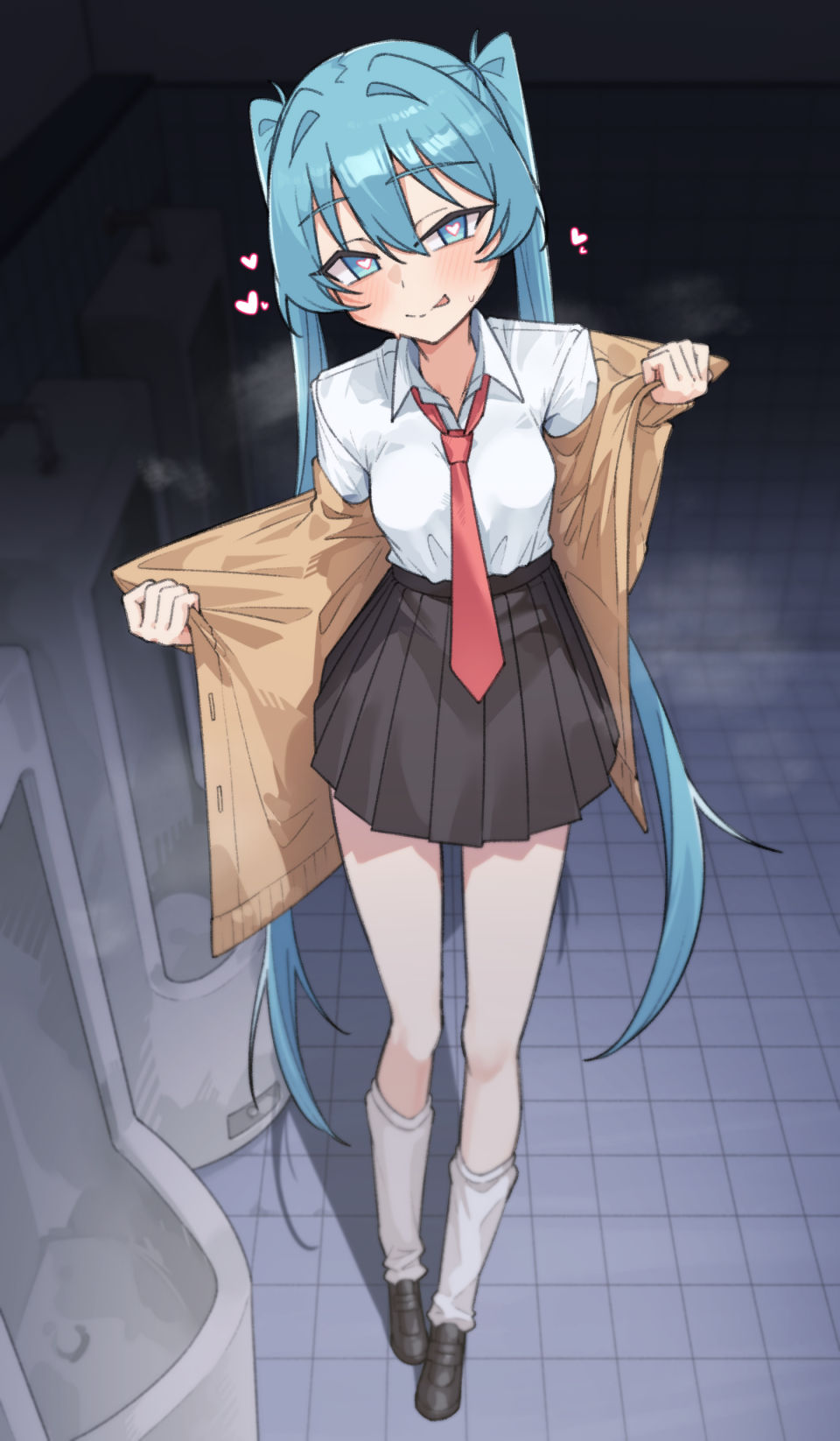 1girl, bathroom, black_shoes, black_skirt, blue_eyes, blue_hair, blush, breasts