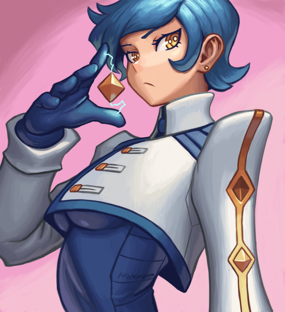 1girl, 2024, ambar_(nonneim), artist_name, blue_bodysuit, blue_gloves, blue_hair, bodysuit