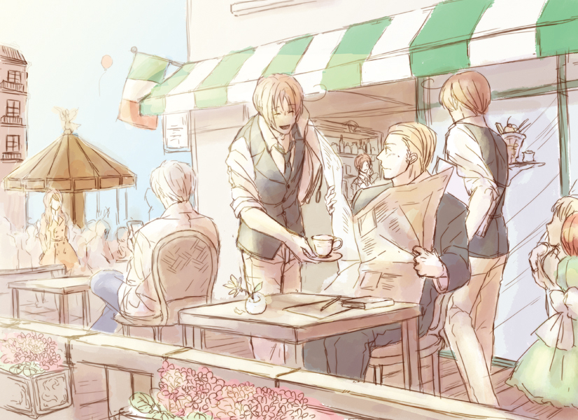 1girl, 6+boys, aged_down, alternate_costume, arm_up, axis_powers_hetalia, balloon, blonde_hair, blush, book, brothers, brown_hair, cafe, chibitalia_(hetalia), child, closed_eyes, coat, console, crossdressing, cup, dress, dual_persona, faceless, faceless_female, faceless_male, flag, flower, food, game_console, germany_(hetalia), grey_hair, happy, holy_roman_empire_(hetalia), hungary_(hetalia), italian_flag, leaning, leaning_forward, long_hair, looking_up, male_focus, menu, multiple_boys, necktie, newspaper, northern_italy_(hetalia), pants, paper, parfait, principality_of_seborga_(hetalia), prussia_(hetalia), siblings, sitting, skirt, sleeves_rolled_up, southern_italy_(hetalia), table, time_paradox, tray, umbrella, vest, waiter