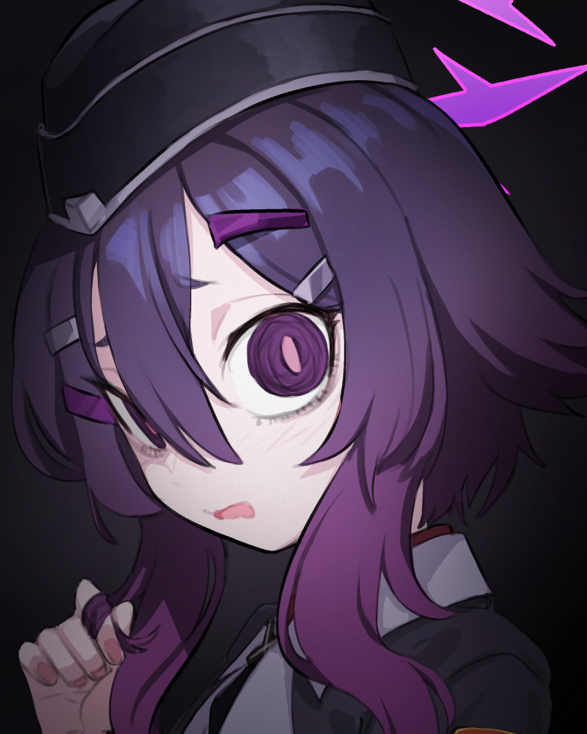 1girl, @_@, absurdres, black_background, black_hat, blue_archive, commentary, crazy_eyes