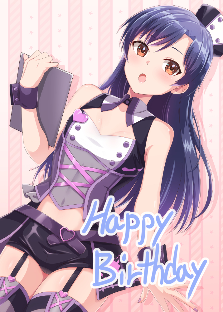 1girl, :o, alternate_costume, belt, birthday, blue_hair, breasts, brown_eyes