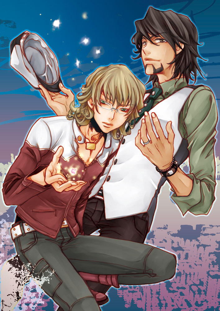 10s, 2boys, barnaby_brooks_jr., belt, blonde_hair, boots, bracelet, brown_eyes, brown_hair, newsboy_cap, constellation, facial_hair, glasses, gradient_background, green_eyes, hat, holding, holding_unworn_clothes, holding_unworn_hat, jacket, jewelry, kaburagi_t._kotetsu, magic, male_focus, multiple_boys, necklace, necktie, red_jacket, ring, short_hair, stubble, studded_belt, takuhi_flagro, tiger_&amp;_bunny, unworn_hat, unworn_headwear, vest, waistcoat, watch, wedding_band, wristwatch