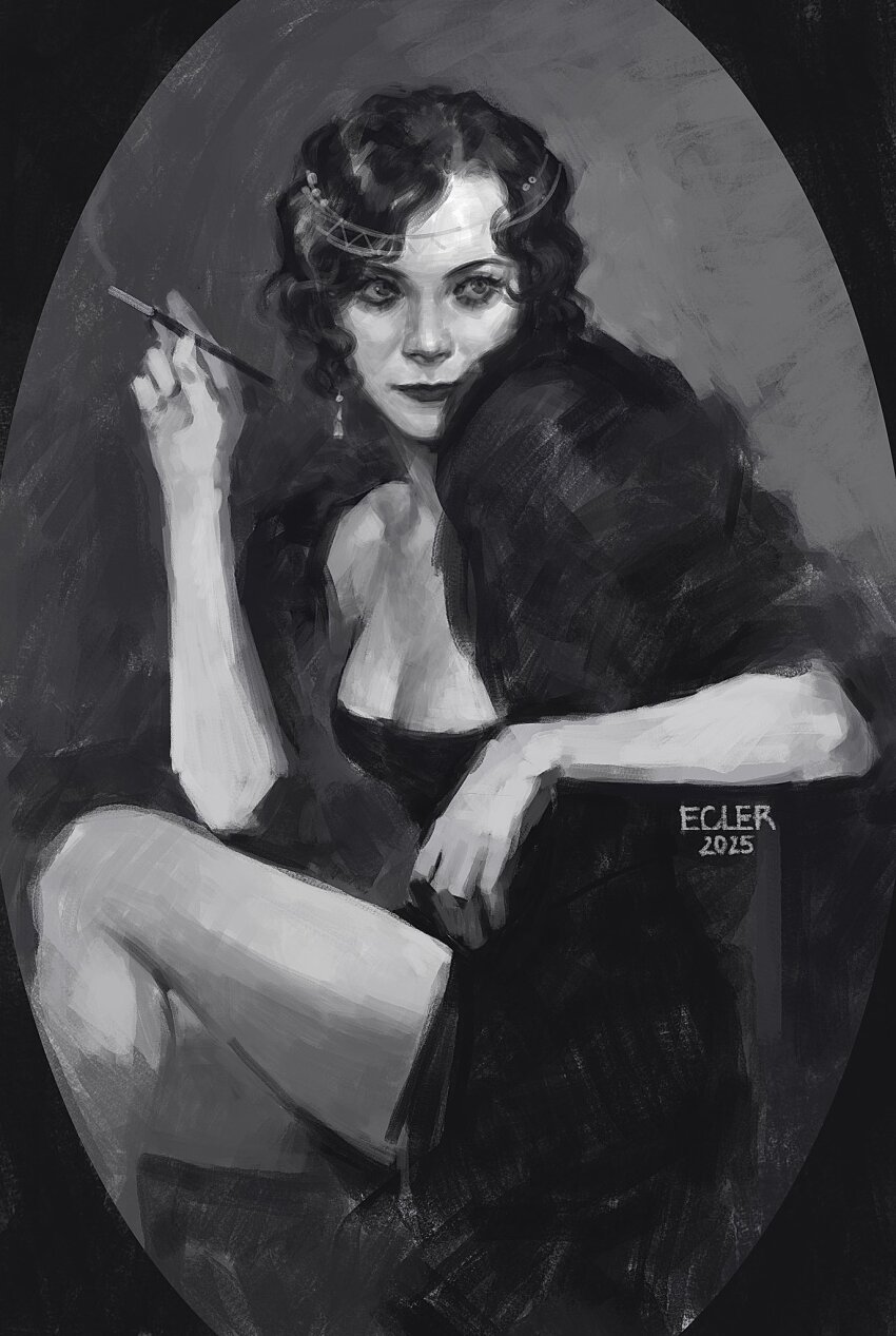 1girl, black_dress, black_eyes, black_hair, black_lips, breasts, chair, cigarette